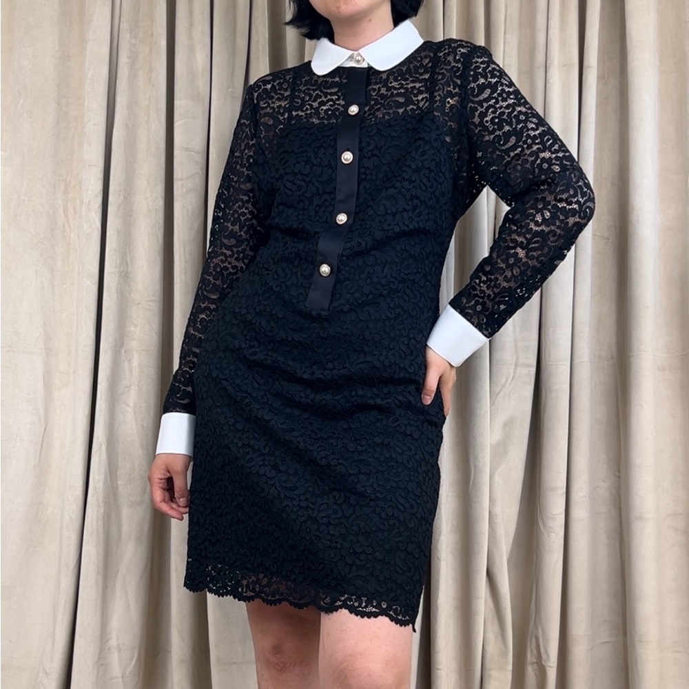 Anne Klein Black Lace Dress with White Collar and Cuffs and Pearl Buttons